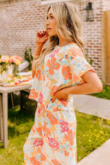 Orange Vibrant Floral Printed Short Sleeve Top 2 Piece Pants Set