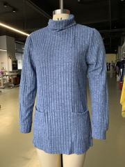 Blue Turtleneck Side Split Pocket Long Sleeve Tops