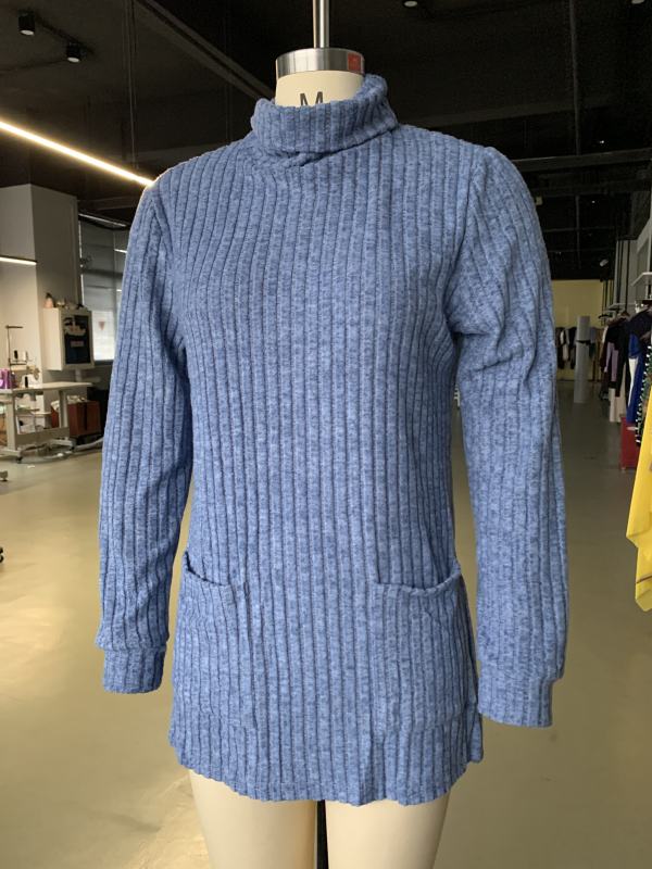 Blue Turtleneck Side Split Pocket Long Sleeve Tops