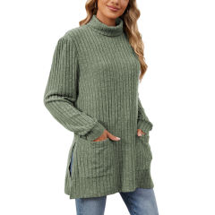 Army Green Turtleneck Side Split Pocket Long Sleeve Tops