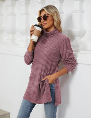 Purplish Red Turtleneck Side Split Pocket Long Sleeve Tops