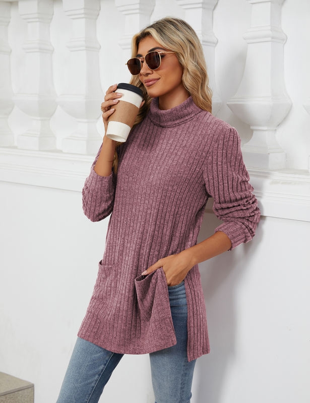 Purplish Red Turtleneck Side Split Pocket Long Sleeve Tops