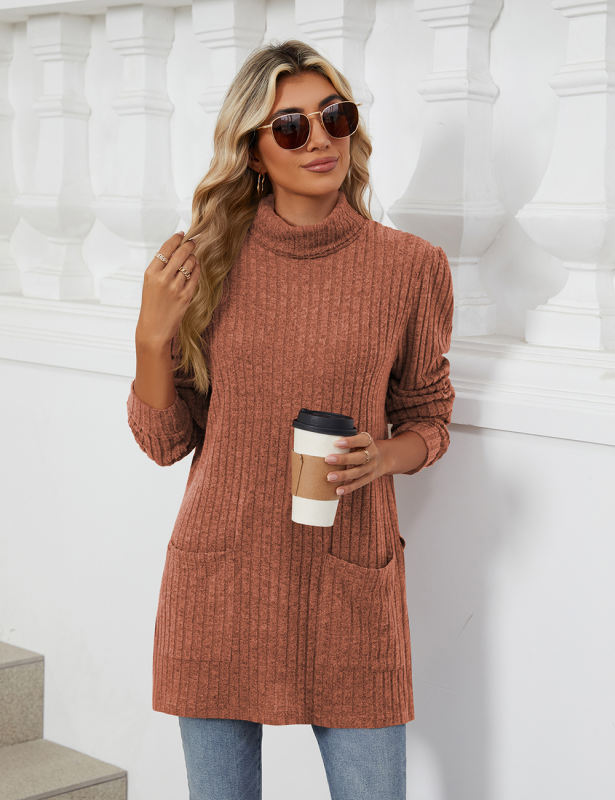 Rust Red Turtleneck Side Split Pocket Long Sleeve Tops