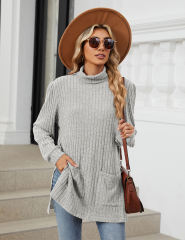 Light Gray Turtleneck Side Split Pocket Long Sleeve Tops