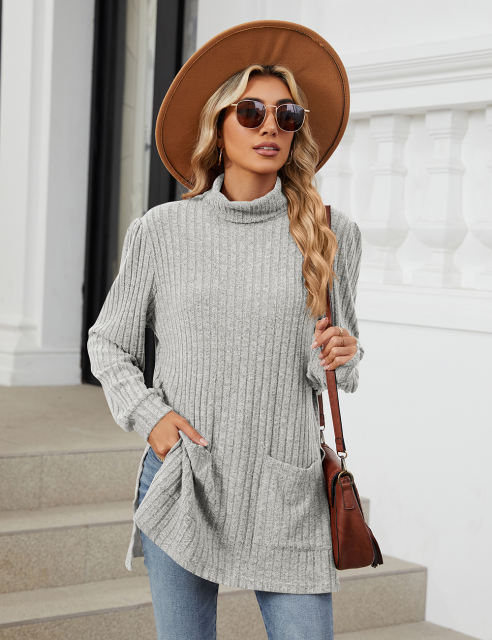 Light Gray Turtleneck Side Split Pocket Long Sleeve Tops