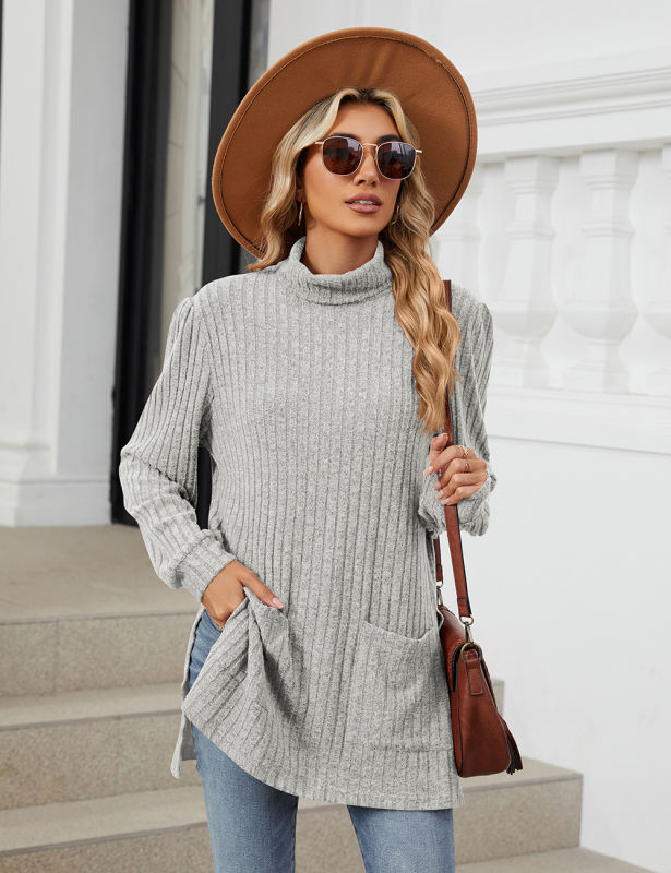 Light Gray Turtleneck Side Split Pocket Long Sleeve Tops
