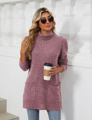 Purplish Red Turtleneck Side Split Pocket Long Sleeve Tops