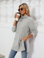 Light Gray Turtleneck Side Split Pocket Long Sleeve Tops