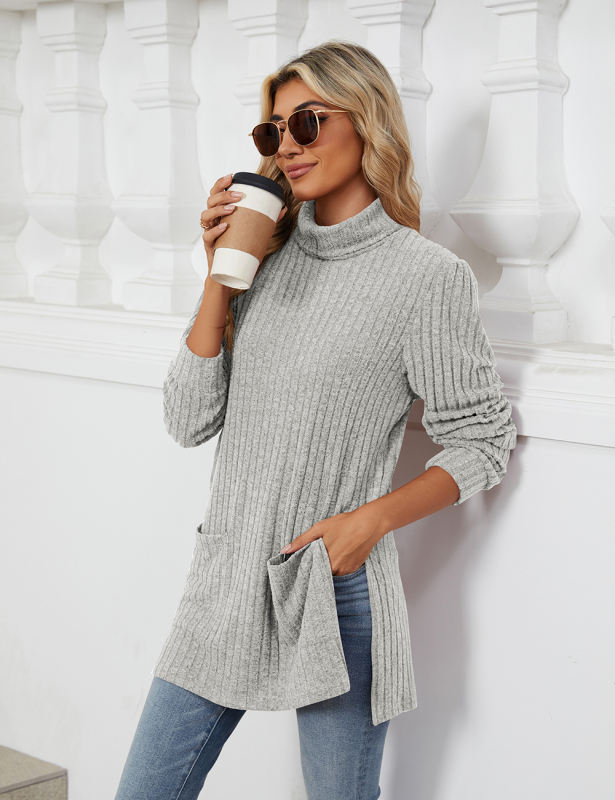 Light Gray Turtleneck Side Split Pocket Long Sleeve Tops