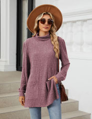 Purplish Red Turtleneck Side Split Pocket Long Sleeve Tops