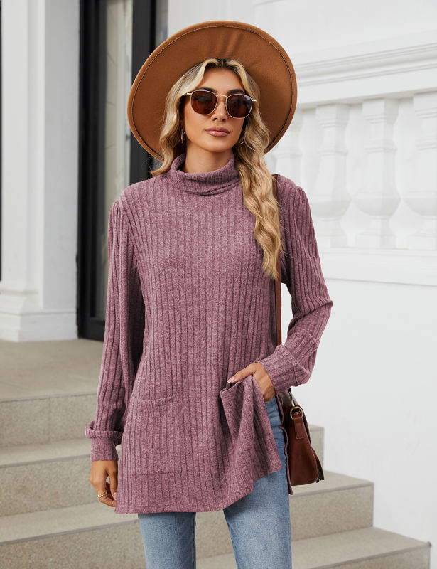 Purplish Red Turtleneck Side Split Pocket Long Sleeve Tops