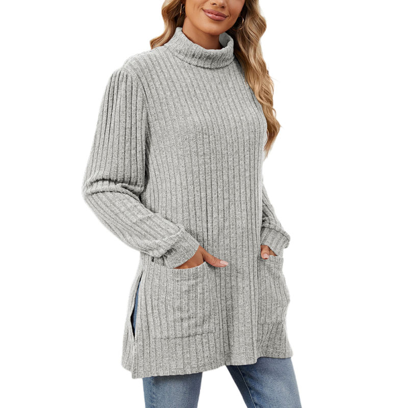 Light Gray Turtleneck Side Split Pocket Long Sleeve Tops