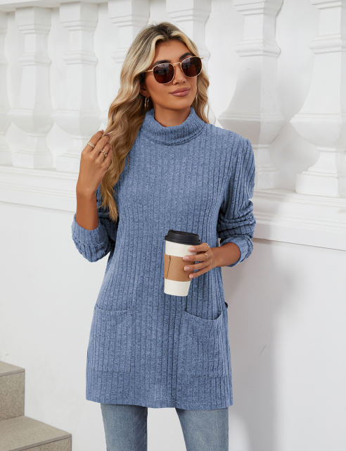 Blue Turtleneck Side Split Pocket Long Sleeve Tops