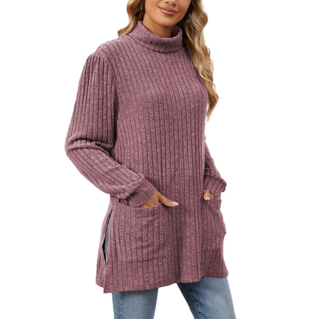 Purplish Red Turtleneck Side Split Pocket Long Sleeve Tops