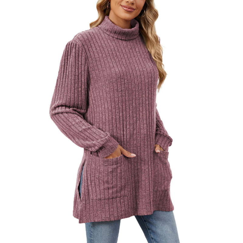 Purplish Red Turtleneck Side Split Pocket Long Sleeve Tops