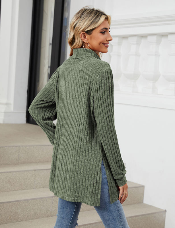 Army Green Turtleneck Side Split Pocket Long Sleeve Tops
