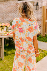 Orange Vibrant Floral Printed Short Sleeve Top 2 Piece Pants Set
