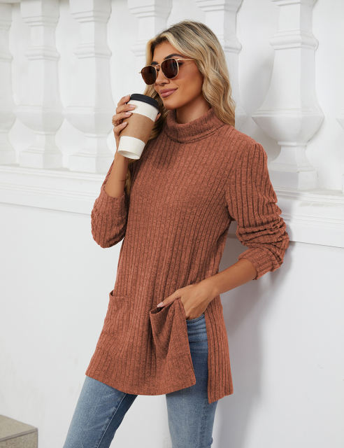 Rust Red Turtleneck Side Split Pocket Long Sleeve Tops