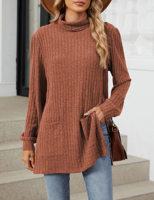 Rust Red Turtleneck Side Split Pocket Long Sleeve Tops