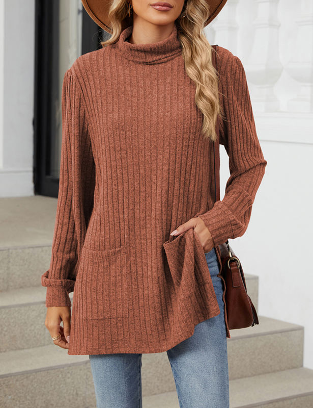 Rust Red Turtleneck Side Split Pocket Long Sleeve Tops
