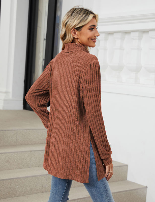 Rust Red Turtleneck Side Split Pocket Long Sleeve Tops