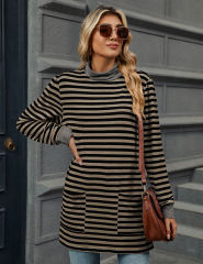 Coffee Striped Turtleneck Pocket Long Sleeve Tops