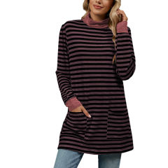 Red Striped Turtleneck Pocket Long Sleeve Tops