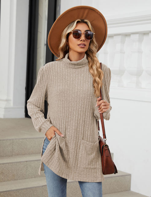 Khaki Turtleneck Side Split Pocket Long Sleeve Tops