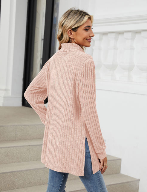 Pink Turtleneck Side Split Pocket Long Sleeve Tops
