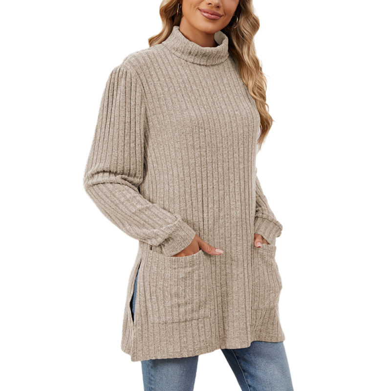 Khaki Turtleneck Side Split Pocket Long Sleeve Tops