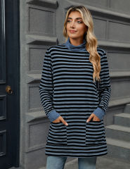 Blue Striped Turtleneck Pocket Long Sleeve Tops