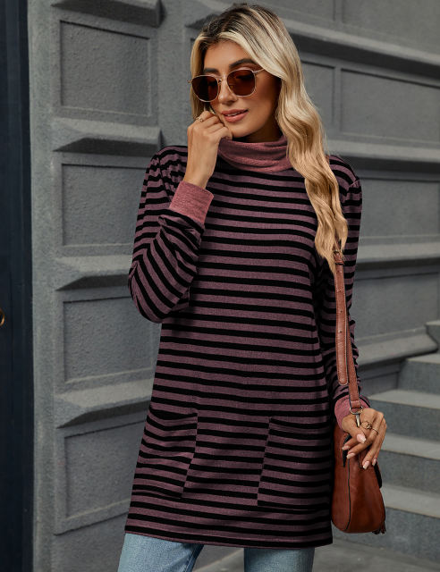 Red Striped Turtleneck Pocket Long Sleeve Tops