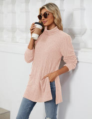 Pink Turtleneck Side Split Pocket Long Sleeve Tops