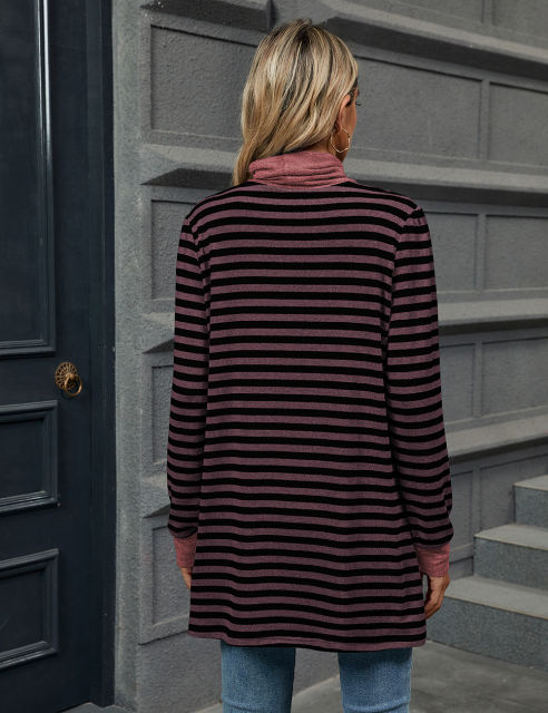 Red Striped Turtleneck Pocket Long Sleeve Tops