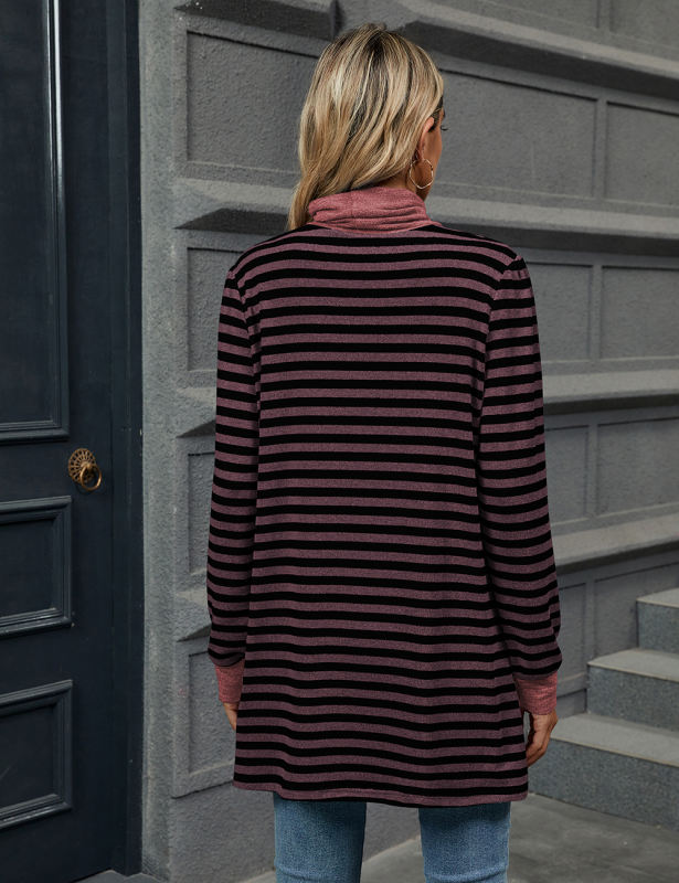 Red Striped Turtleneck Pocket Long Sleeve Tops