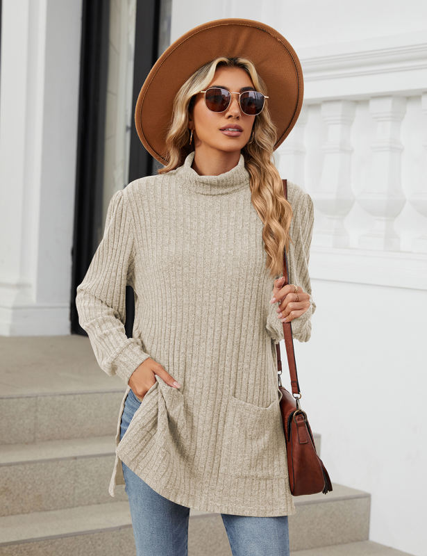 Apricot Turtleneck Side Split Pocket Long Sleeve Tops
