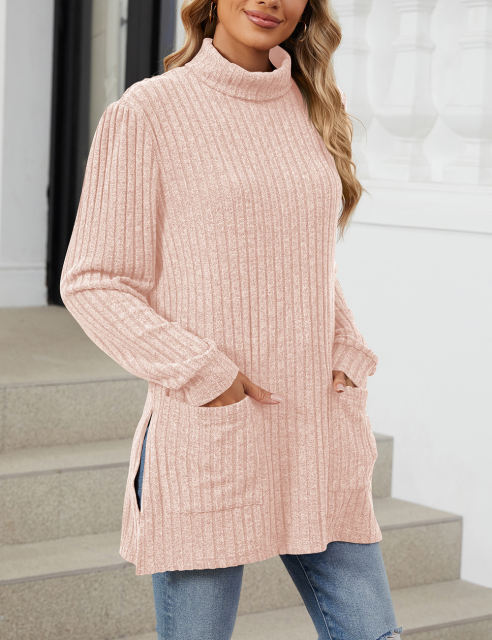 Pink Turtleneck Side Split Pocket Long Sleeve Tops