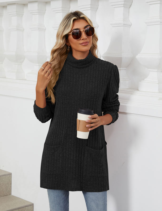 Black Turtleneck Side Split Pocket Long Sleeve Tops
