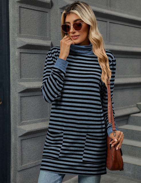 Blue Striped Turtleneck Pocket Long Sleeve Tops