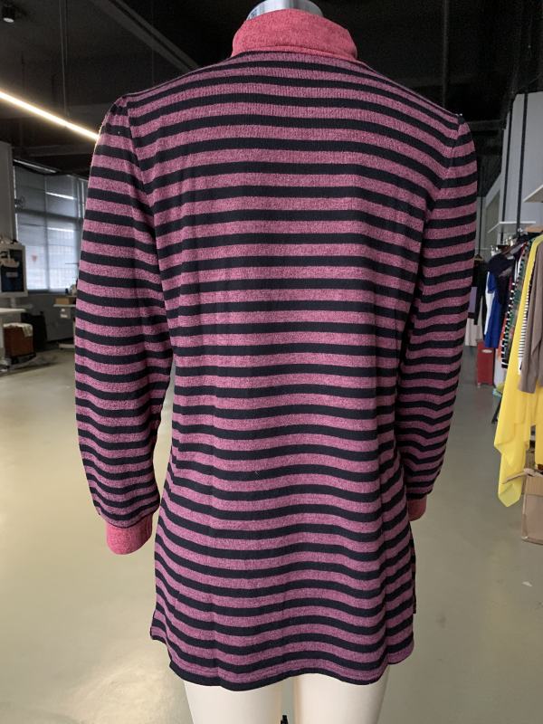 Red Striped Turtleneck Pocket Long Sleeve Tops