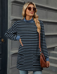 Blue Striped Turtleneck Pocket Long Sleeve Tops