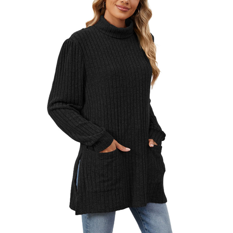 Black Turtleneck Side Split Pocket Long Sleeve Tops