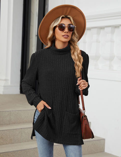 Black Turtleneck Side Split Pocket Long Sleeve Tops