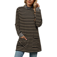 Coffee Striped Turtleneck Pocket Long Sleeve Tops