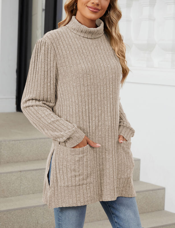 Khaki Turtleneck Side Split Pocket Long Sleeve Tops