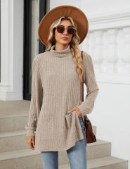 Khaki Turtleneck Side Split Pocket Long Sleeve Tops