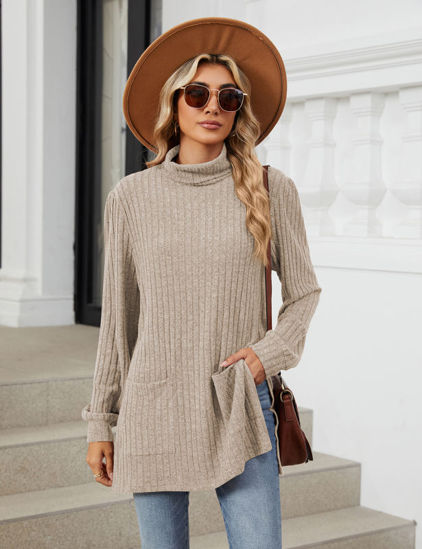 Khaki Turtleneck Side Split Pocket Long Sleeve Tops