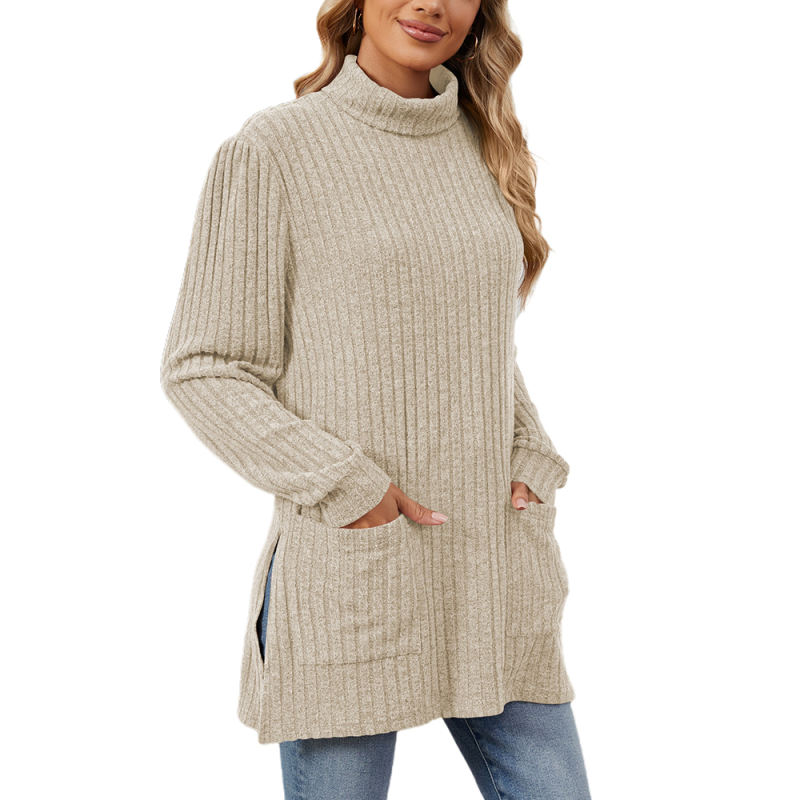 Apricot Turtleneck Side Split Pocket Long Sleeve Tops