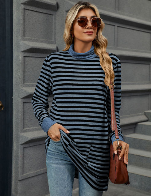 Blue Striped Turtleneck Pocket Long Sleeve Tops