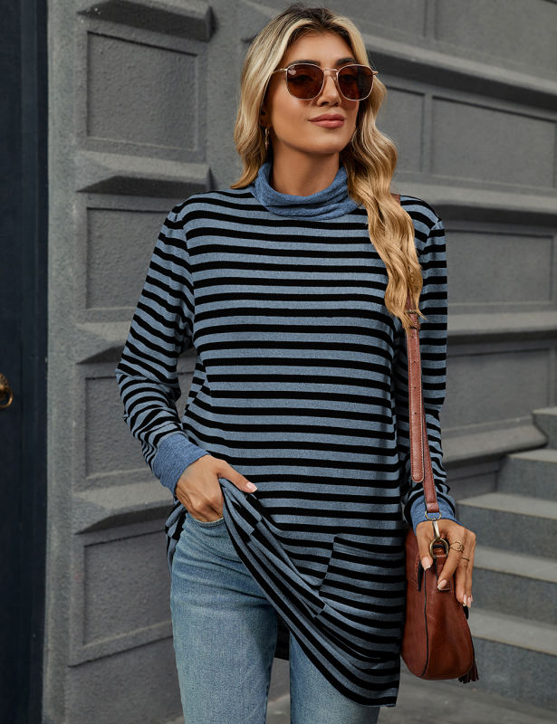 Blue Striped Turtleneck Pocket Long Sleeve Tops